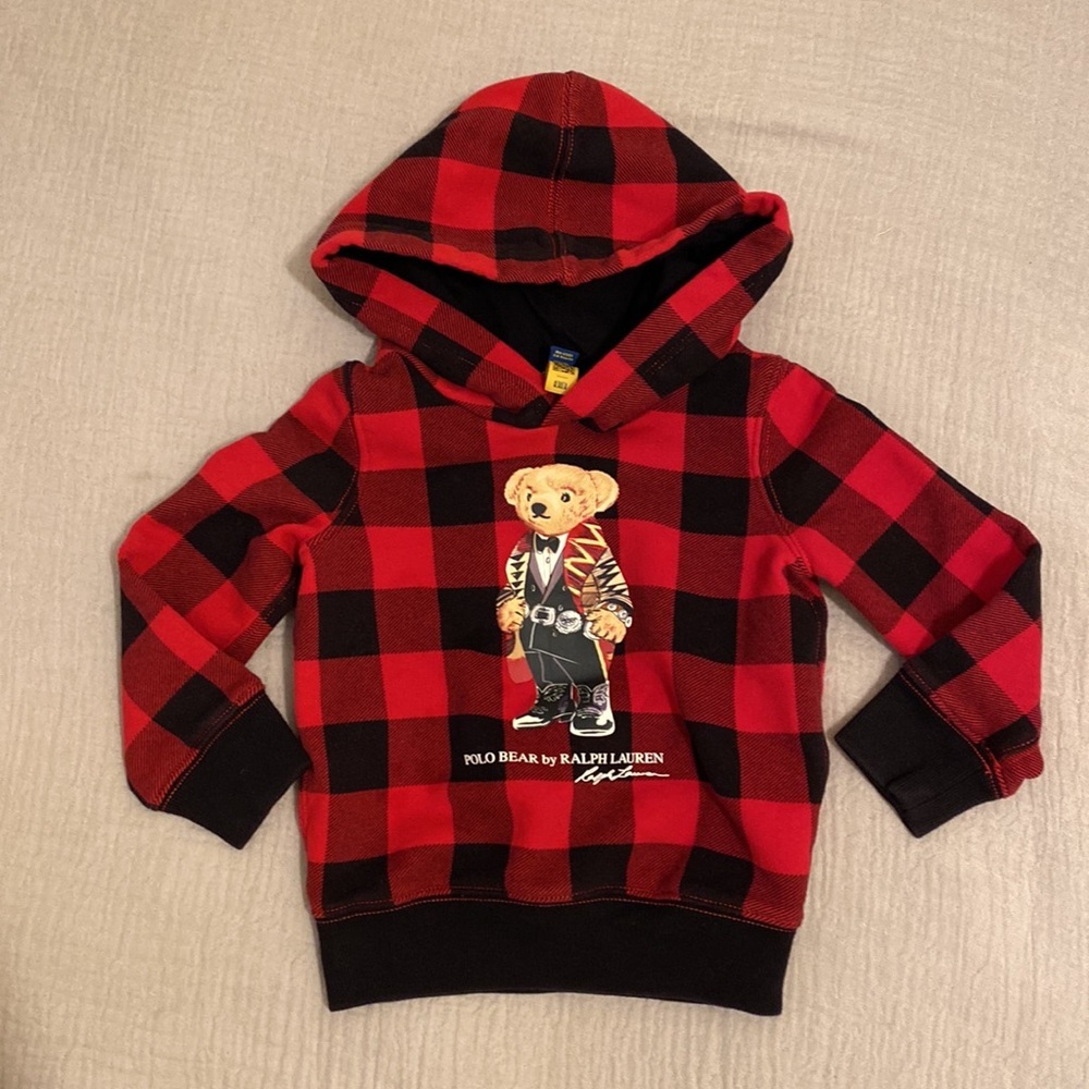 Ralph Lauren Kids Red & Black Buffalo Plaid Hoodie with Polo Bear. Size 3